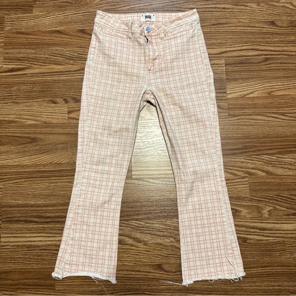 Paige Pink Flare Colette Micro Reed Plaid Jeans, 27